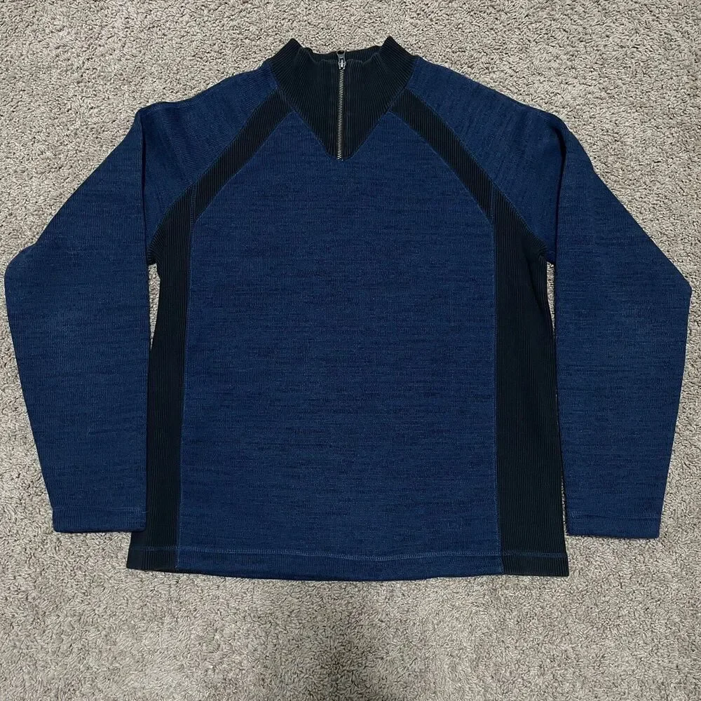 REI Sweater Mens Large Blue 1/4 Zip Mockneck Ribbed Side Panels Hiking Outdoor